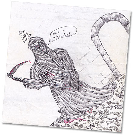 Humor, Horror, and Heavy Metal: Grim Reaper no MORE. Enter the Glad Reaper!!!! The BONES.... gads... THE BONES..... Smiley faced death.