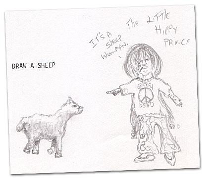 Humor, Horror, and Heavy Metal: A sheep and the stinky, long-haired, Grateful Dead loving, pot smoking, hemp wearing, acid dropping, peace sign waving, flag burning, beatnik drumming, San Francisco living, organic farming, no meat eating, bohemian dancing, communal living, nude sitting, Om chanting, Allen Ginsberg reading, tie-dye making, civil rights screaming, anti-war movementing, psychedelic rocking, incense burning, Transcendentalist philosophizing, Phish listening, artisticly expressing, Patchouli smelling, Dig It Man Little Prince hippy.